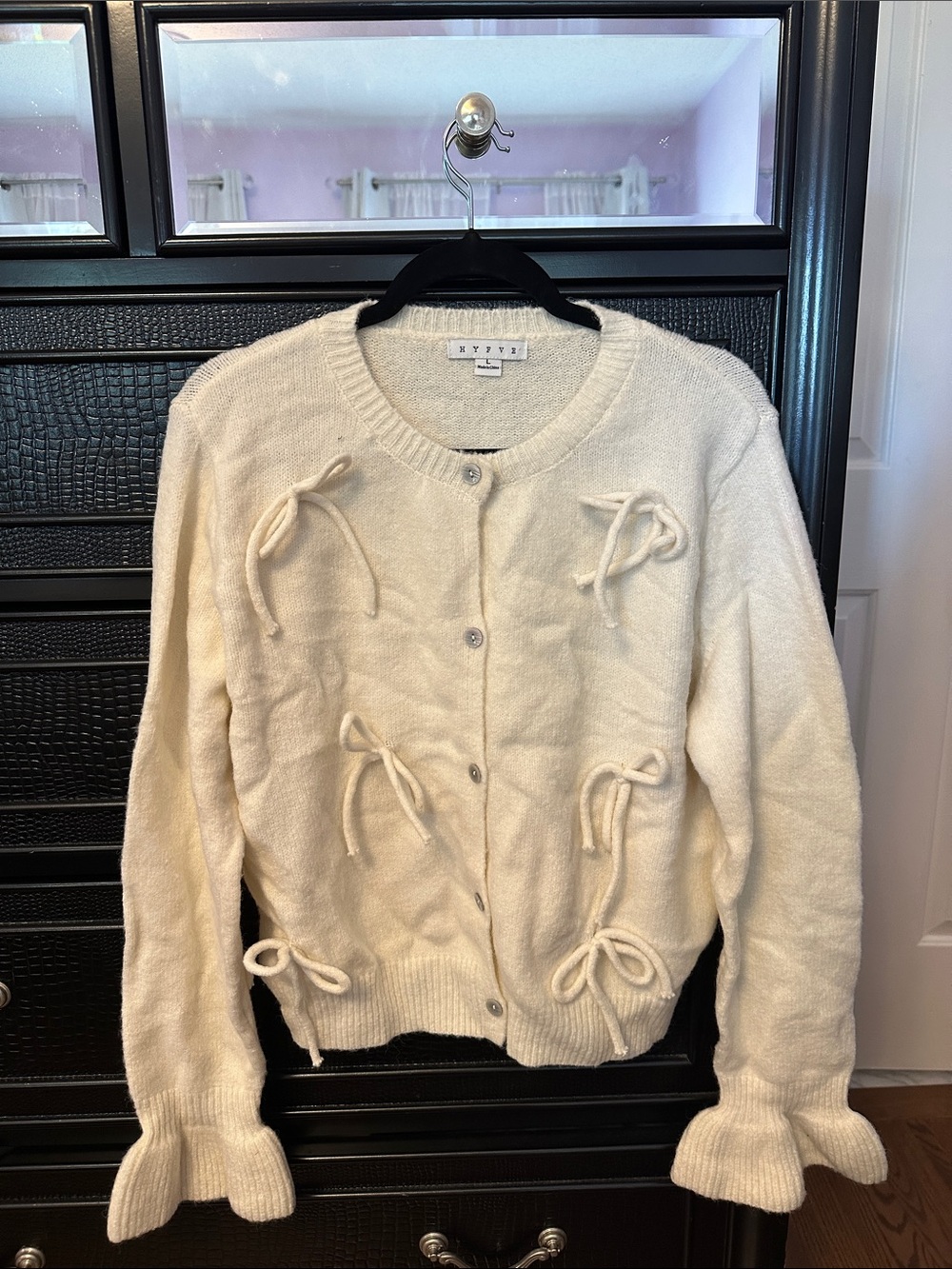 HYFVE- Cream Bow-Accent Knit Cardigan